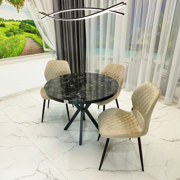 Set masa Hamburg Black Marble cu 3 scaune Goteborg bej, DENVER, picioare metalice negre, forma rotunda, 90x73 cm