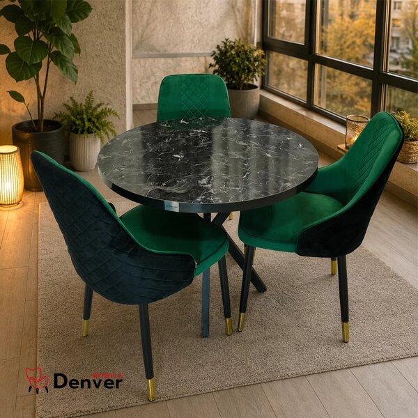 Set masa Hamburg Black Marble cu 3 scaune Modena verde, DENVER, picioare metalice negre, forma rotunda, 90x73 cm