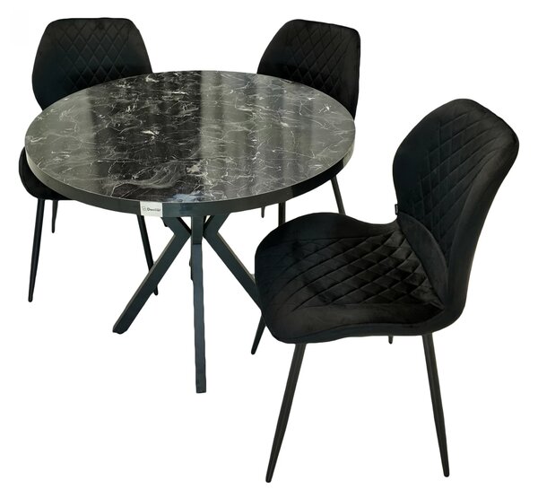 Set masa Hamburg Black Marble cu 3 scaune Goteborg negru, DENVER, picioare metalice negre, forma rotunda, 90x73 cm