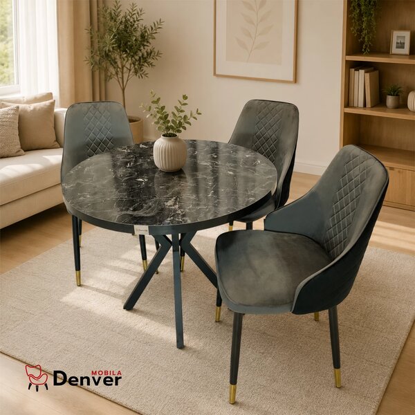 Set masa Hamburg Black Marble cu 3 scaune Modena gri, DENVER, picioare metalice negre, forma rotunda, 90x73 cm