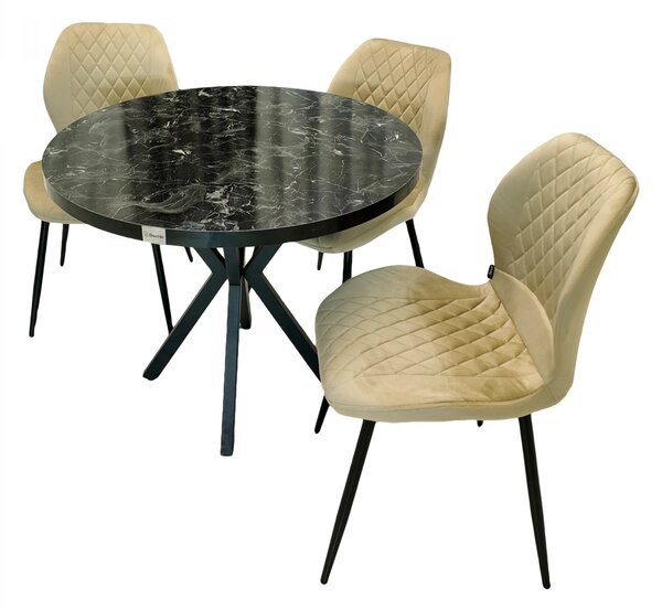 Set masa Hamburg Black Marble cu 3 scaune Goteborg bej, DENVER, picioare metalice negre, forma rotunda, 90x73 cm