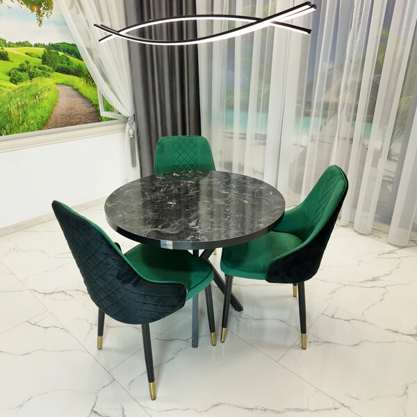Set masa Hamburg Black Marble cu 3 scaune Modena verde, DENVER, picioare metalice negre, forma rotunda, 90x73 cm