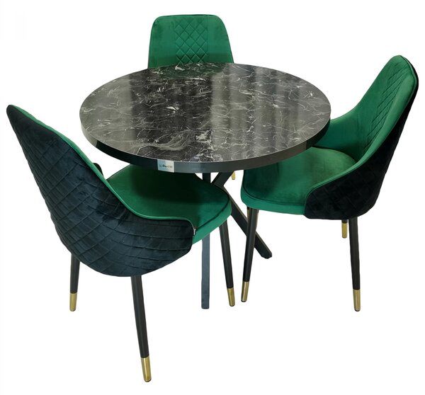 Set masa Hamburg Black Marble cu 3 scaune Modena verde, DENVER, picioare metalice negre, forma rotunda, 90x73 cm
