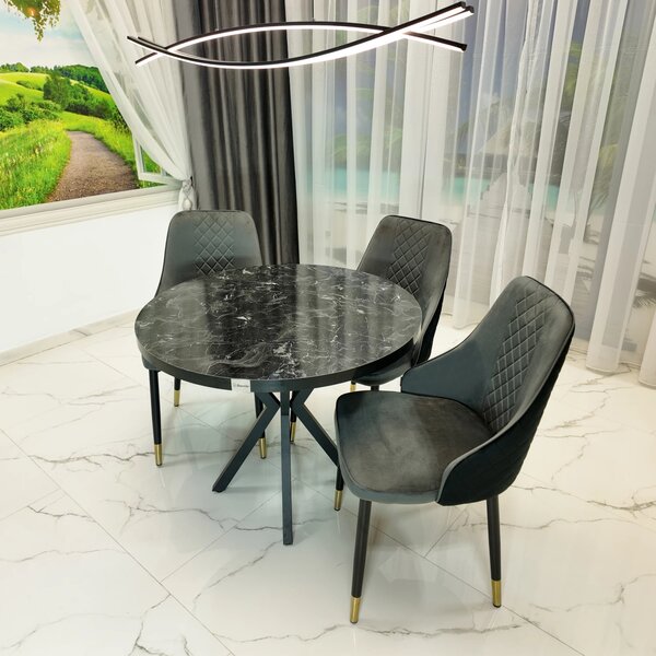 Set masa Hamburg Black Marble cu 3 scaune Modena gri, DENVER, picioare metalice negre, forma rotunda, 90x73 cm