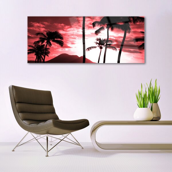 Tablou pe sticla Mountain Palm Copaci Natura Roz Negru Alb