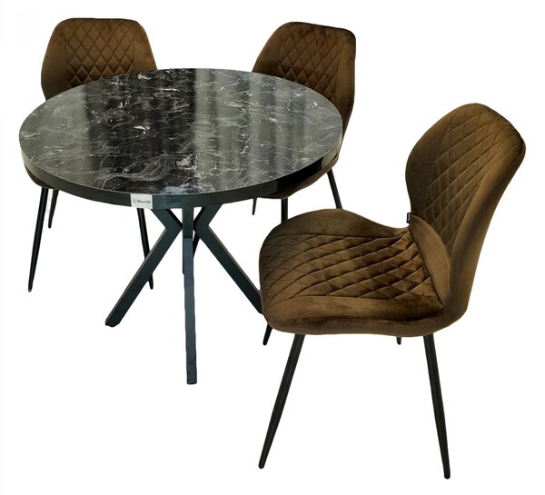 Set masa Hamburg Black Marble cu 3 scaune Goteborg maro, DENVER, picioare metalice negre, forma rotunda, 90x73 cm