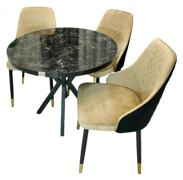 Set masa Hamburg Black Marble cu 3 scaune Modena bej, DENVER, picioare metalice negre, forma rotunda, 90x73 cm