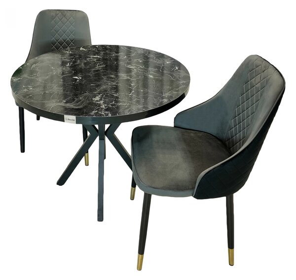 Set masa Hamburg Black Marble cu 2 scaune Modena gri, DENVER, picioare metalice negre, forma rotunda, 90x73 cm