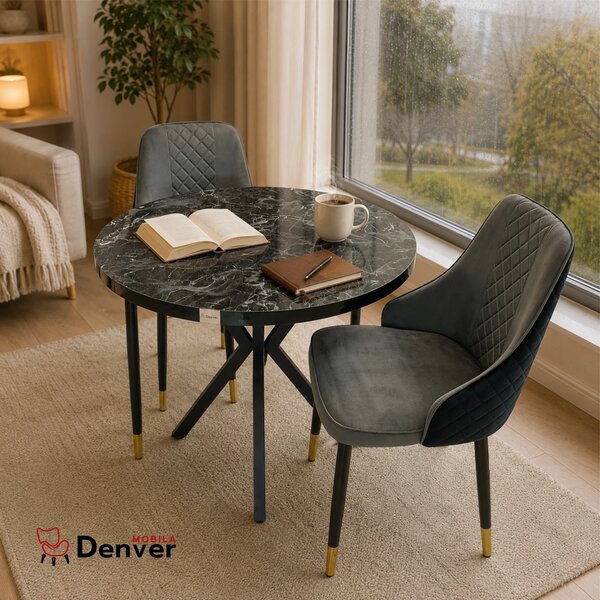 Set masa Hamburg Black Marble cu 2 scaune Modena gri, DENVER, picioare metalice negre, forma rotunda, 90x73 cm