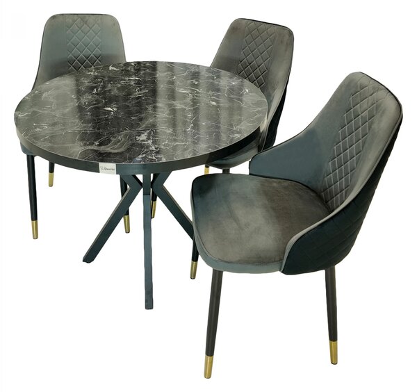 Set masa Hamburg Black Marble cu 3 scaune Modena gri, DENVER, picioare metalice negre, forma rotunda, 90x73 cm