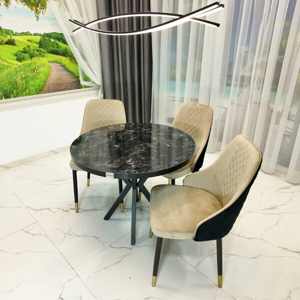 Set masa Hamburg Black Marble cu 3 scaune Modena bej, DENVER, picioare metalice negre, forma rotunda, 90x73 cm