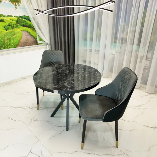 Set masa Hamburg Black Marble cu 2 scaune Modena gri, DENVER, picioare metalice negre, forma rotunda, 90x73 cm