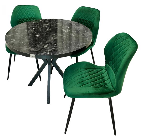 Set masa Hamburg Black Marble cu 3 scaune Goteborg verde, DENVER, picioare metalice negre, forma rotunda, 90x73 cm