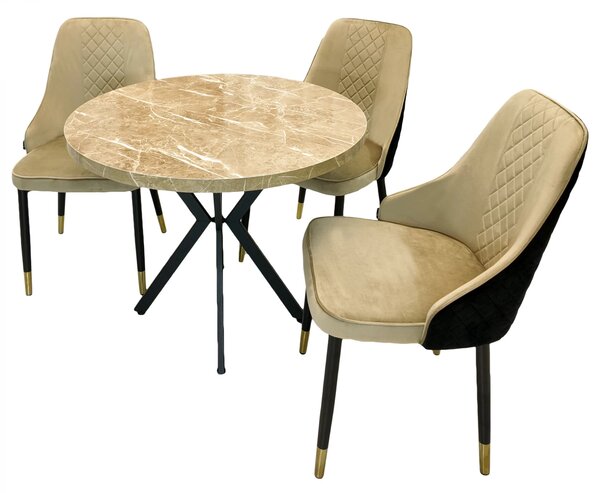 Set masa Hamburg Royal Beige cu 3 scaune Modena bej, DENVER, picioare metalice negre, forma rotunda, 90x73 cm