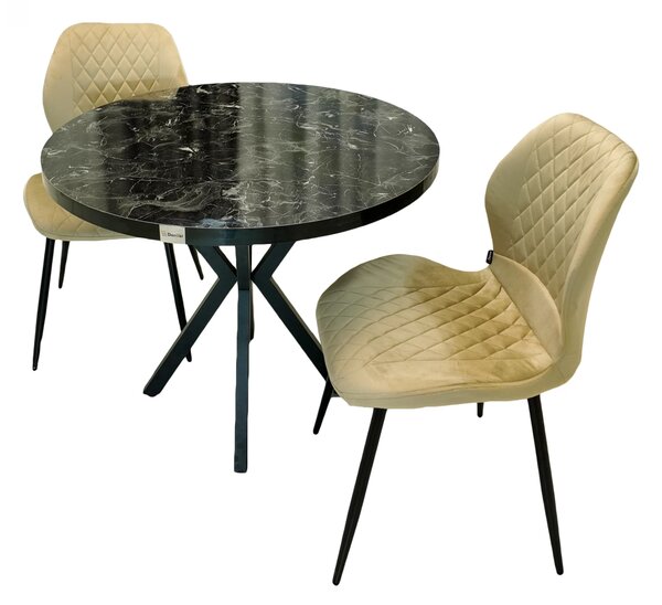 Set masa Hamburg Black Marble cu 2 scaune Goteborg bej, DENVER, picioare metalice negre, forma rotunda, 90x73 cm
