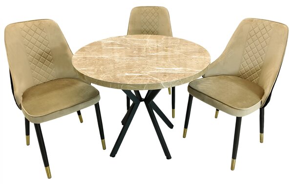 Set masa Hamburg Royal Beige cu 3 scaune Modena bej, DENVER, picioare metalice negre, forma rotunda, 90x73 cm