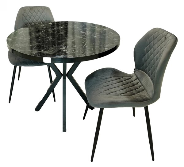 Set masa Hamburg Black Marble cu 2 scaune Goteborg gri, DENVER, picioare metalice negre, forma rotunda, 90x73 cm