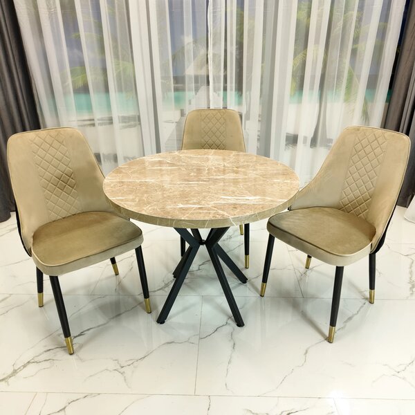 Set masa Hamburg Royal Beige cu 3 scaune Modena bej, DENVER, picioare metalice negre, forma rotunda, 90x73 cm