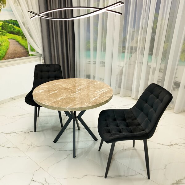 Set masa Hamburg Royal Beige cu 2 scaune Osaka negru, DENVER, picioare metalice negre, forma rotunda, 90x73 cm