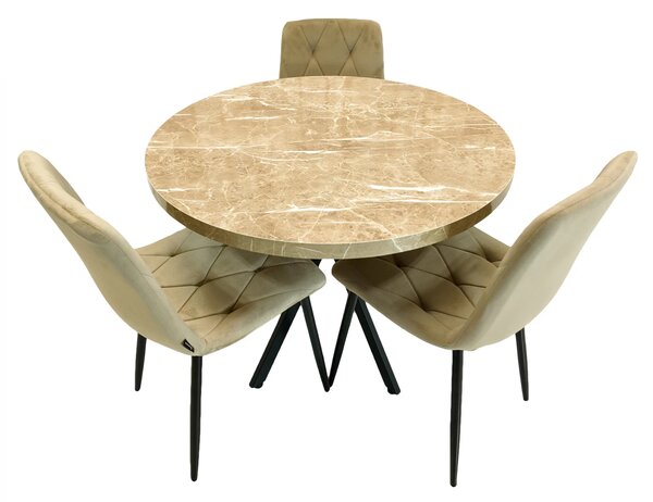 Set masa Hamburg Royal Beige cu 3 scaune Kobe bej, DENVER, picioare metalice negre, forma rotunda, 90x73 cm