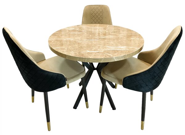 Set masa Hamburg Royal Beige cu 3 scaune Modena bej, DENVER, picioare metalice negre, forma rotunda, 90x73 cm