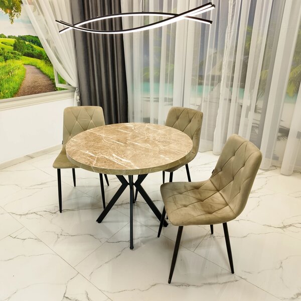 Set masa Hamburg Royal Beige cu 3 scaune Kobe bej, DENVER, picioare metalice negre, forma rotunda, 90x73 cm