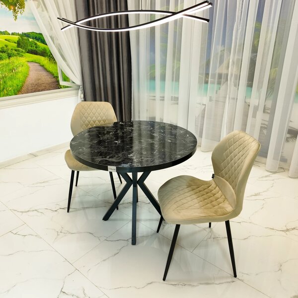 Set masa Hamburg Black Marble cu 2 scaune Goteborg bej, DENVER, picioare metalice negre, forma rotunda, 90x73 cm