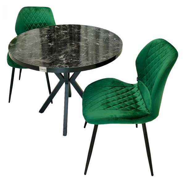 Set masa Hamburg Black Marble cu 2 scaune Goteborg verde, DENVER, picioare metalice negre, forma rotunda, 90x73 cm