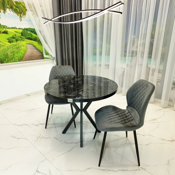Set masa Hamburg Black Marble cu 2 scaune Goteborg gri, DENVER, picioare metalice negre, forma rotunda, 90x73 cm