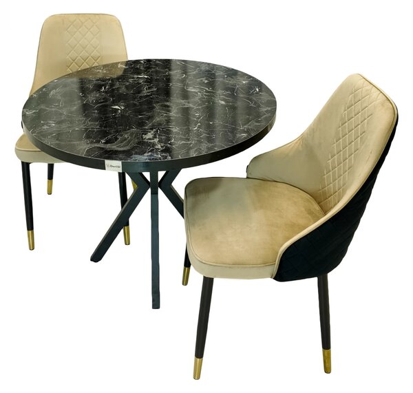 Set masa Hamburg Black Marble cu 2 scaune Modena bej, DENVER, picioare metalice negre, forma rotunda, 90x73 cm