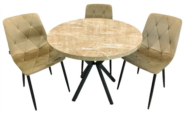Set masa Hamburg Royal Beige cu 3 scaune Kobe bej, DENVER, picioare metalice negre, forma rotunda, 90x73 cm