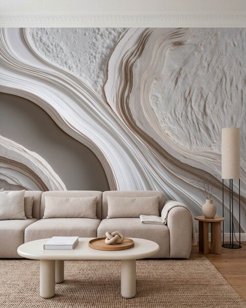 Tapet Imitare a tencuielii cu textură ondulată, în nuanțe de crem-bej, cu efect 3D, Fototapet Abstract, w10042 : Uwalls.ro