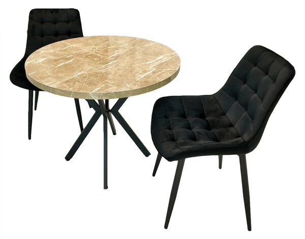 Set masa Hamburg Royal Beige cu 2 scaune Osaka negru, DENVER, picioare metalice negre, forma rotunda, 90x73 cm
