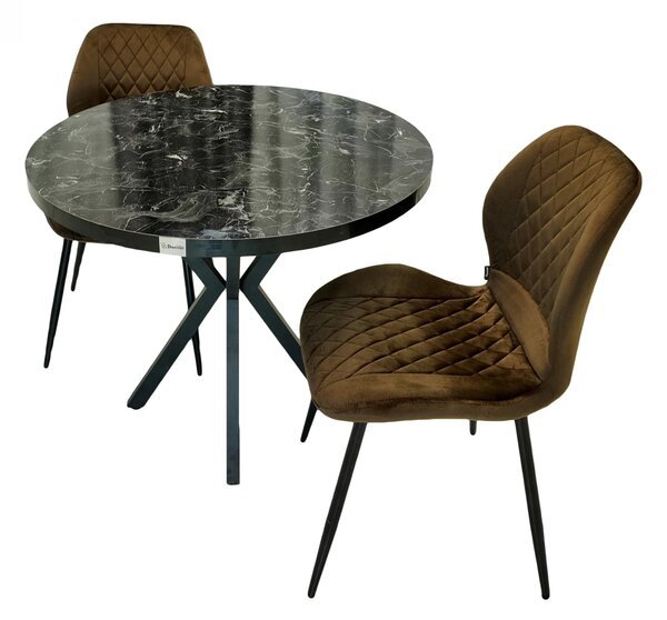 Set masa Hamburg Black Marble cu 2 scaune Goteborg maro, DENVER, picioare metalice negre, forma rotunda, 90x73 cm