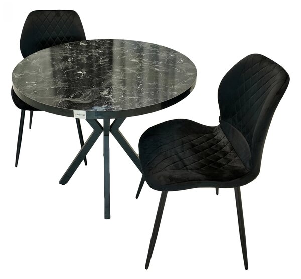 Set masa Hamburg Black Marble cu 2 scaune Goteborg negru, DENVER, picioare metalice negre, forma rotunda, 90x73 cm