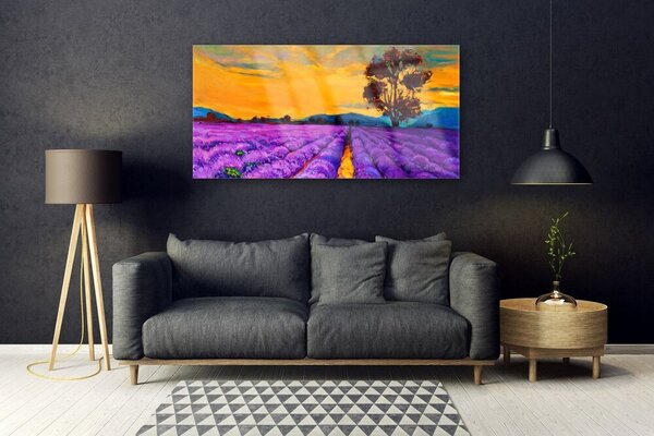 Tablou pe sticla Câmp Peisaj Violet Galben Maro