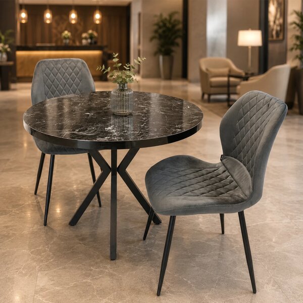 Set masa Hamburg Black Marble cu 2 scaune Goteborg gri, DENVER, picioare metalice negre, forma rotunda, 90x73 cm