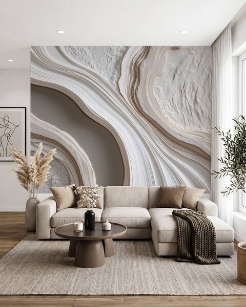 Tapet Imitare a tencuielii cu textură ondulată, în nuanțe de crem-bej, cu efect 3D, Fototapet Abstract, w10042 : Uwalls.ro