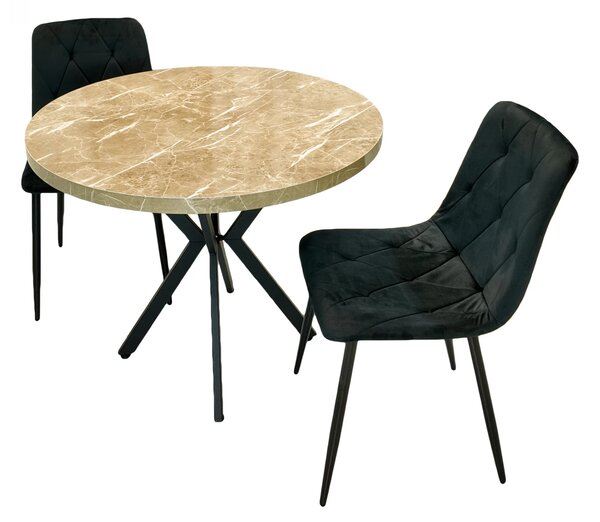 Set masa Hamburg Royal Beige cu 2 scaune Kobe negru, DENVER, picioare metalice negre, forma rotunda, 90x73 cm