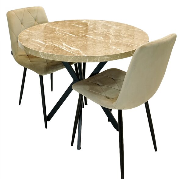 Set masa Hamburg Royal Beige cu 2 scaune Kobe bej, DENVER, picioare metalice negre, forma rotunda, 90x73 cm