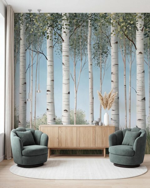 Tapet Pădurice de mesteacăn cu trunchiuri albe pe fundalul cerului albastru, în stil, Fototapet pădure, Fototapet Birches, w10047 : Uwalls.ro