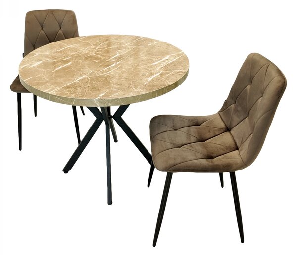 Set masa Hamburg Royal Beige cu 2 scaune Kobe maro, DENVER, picioare metalice negre, forma rotunda, 90x73 cm