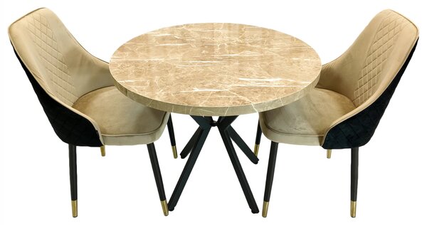 Set masa Hamburg Royal Beige cu 2 scaune Modena Bej, DENVER, picioare metalice negre, forma rotunda, 90x73 cm