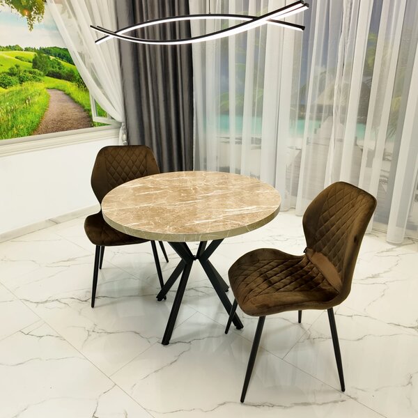 Set masa Hamburg Royal Beige cu 2 scaune Goteborg maro, DENVER, picioare metalice negre, forma rotunda, 90x73 cm
