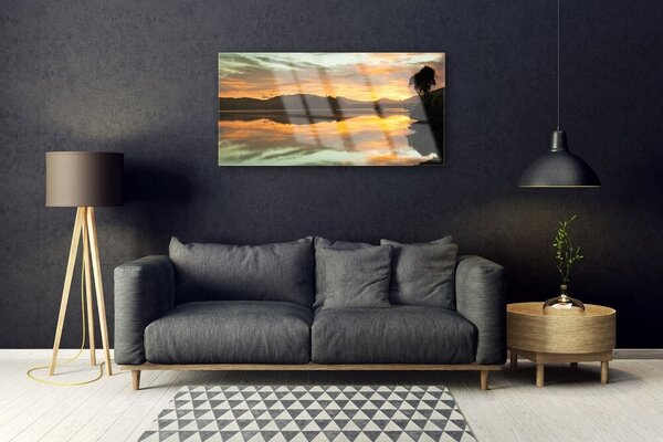 Tablou pe sticla Munții peisaj de apă Negru Portocaliu Maro