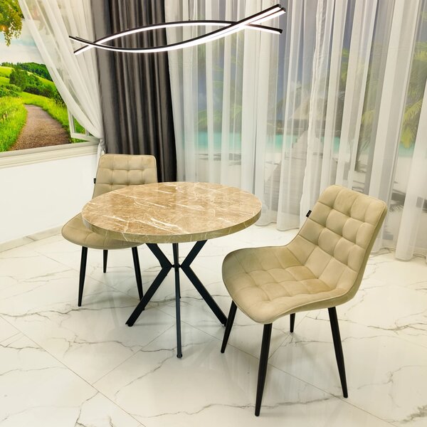 Set masa Hamburg Royal Beige cu 2 scaune Osaka bej, DENVER, picioare metalice negre, forma rotunda, 90x73 cm