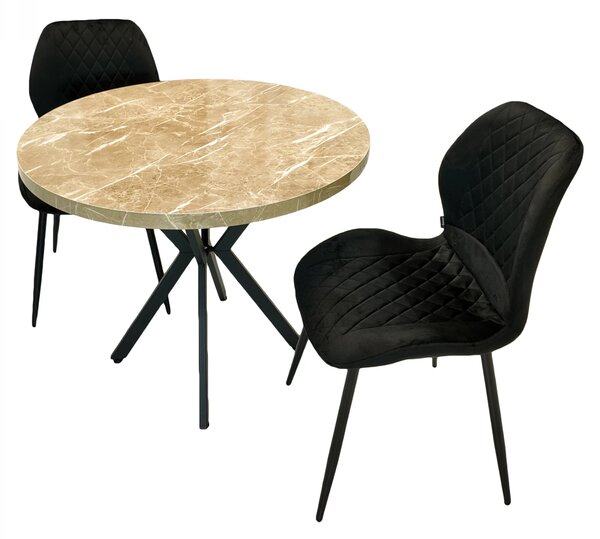 Set masa Hamburg Royal Beige cu 2 scaune Goteborg negru, DENVER, picioare metalice negre, forma rotunda, 90x73 cm