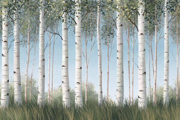 Tapet Pădurice de mesteacăn cu trunchiuri albe pe fundalul cerului albastru, în stil, Fototapet pădure, Fototapet Birches, w10047 : Uwalls.ro