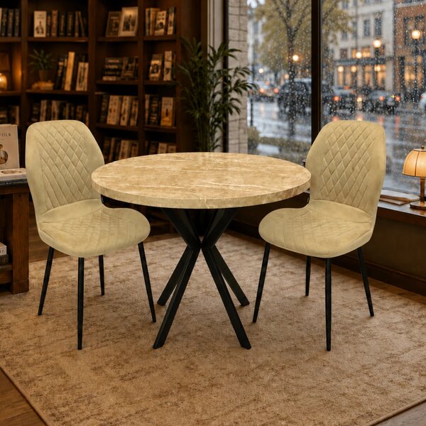 Set masa Hamburg Royal Beige cu 2 scaune Goteborg bej, DENVER, picioare metalice negre, forma rotunda, 90x73 cm