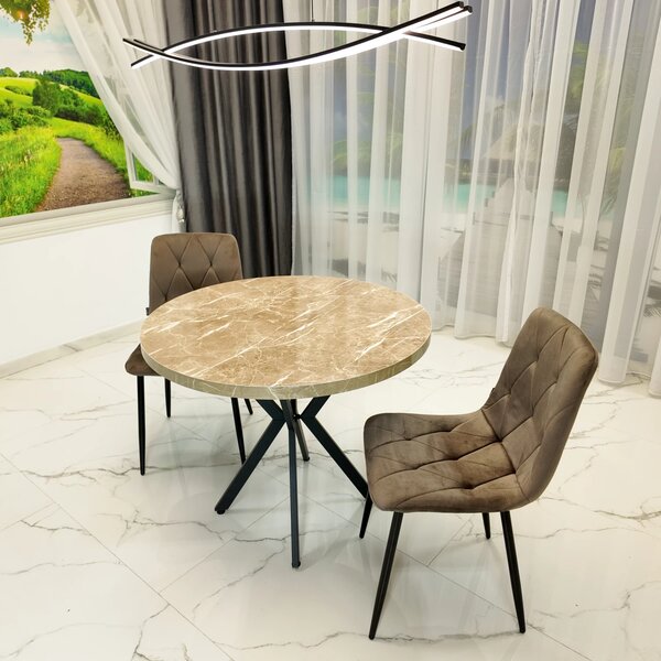 Set masa Hamburg Royal Beige cu 2 scaune Kobe maro, DENVER, picioare metalice negre, forma rotunda, 90x73 cm